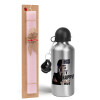 Easter Set, metallic Silver aluminum water bottle (500ml) & scented flat Easter candle (30cm) (PINK)
