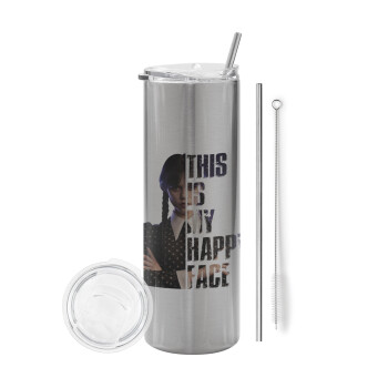 Wednesday, This is my happy face, Eco friendly stainless steel Silver tumbler 600ml, with metal straw & cleaning brush
