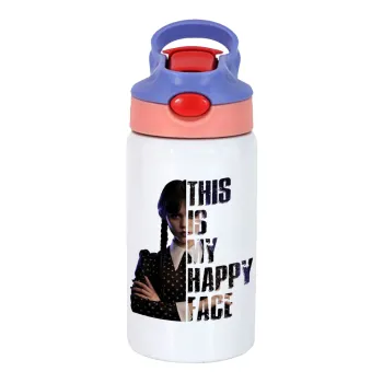Wednesday, This is my happy face, Παιδικό παγούρι θερμό, ανοξείδωτο, με καλαμάκι ασφαλείας, ροζ/μωβ (350ml)
