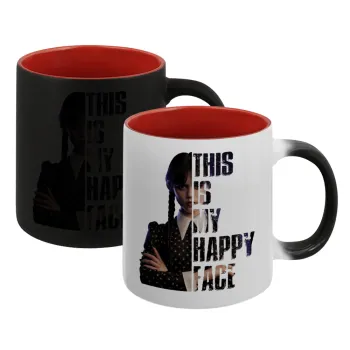 Wednesday, This is my happy face, Κούπα Μαγική εσωτερικό κόκκινο, κεραμική, 330ml που αλλάζει χρώμα με το ζεστό ρόφημα