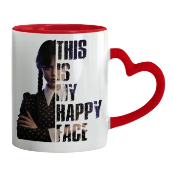 Wednesday, This is my happy face, Κούπα καρδιά χερούλι κόκκινη, κεραμική, 330ml
