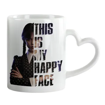 Wednesday, This is my happy face, Κούπα καρδιά χερούλι λευκή, κεραμική, 330ml