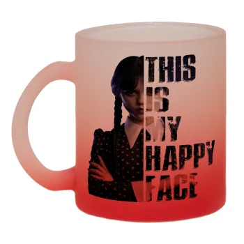Wednesday, This is my happy face, Κούπα γυάλινη δίχρωμη με βάση το κόκκινο ματ, 330ml