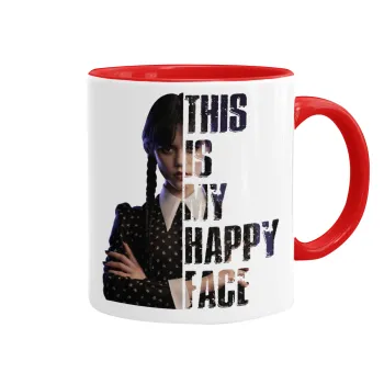 Wednesday, This is my happy face, Κούπα χρωματιστή κόκκινη, κεραμική, 330ml
