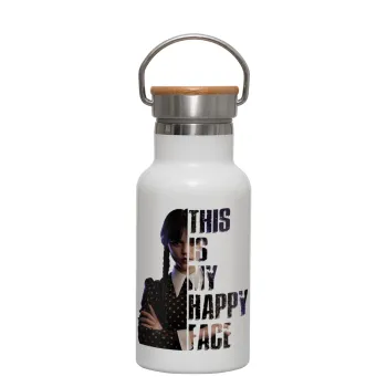 Wednesday, This is my happy face, Metallic thermos (Stainless steel) White with wooden lid (bamboo), double-walled, 350ml