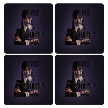 Wednesday, This is my happy face, ΣΕΤ 4 Σουβέρ ξύλινα τετράγωνα (9cm)