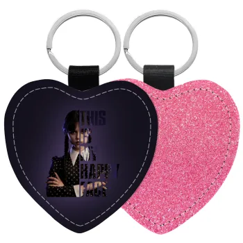 Wednesday, This is my happy face, Μπρελόκ PU δερμάτινο glitter καρδιά ΡΟΖ