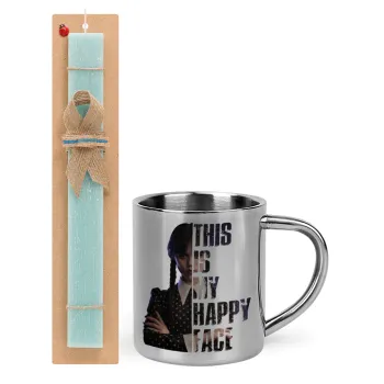 Wednesday, This is my happy face, Easter Set, metallic thermal cup (300ml) & aromatic flat Easter candle (30cm) (TURQUOISE)