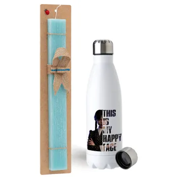 Wednesday, This is my happy face, Easter Set, metallic stainless steel water bottle (750ml) & aromatic flat Easter candle (30cm) (TURQUOISE)