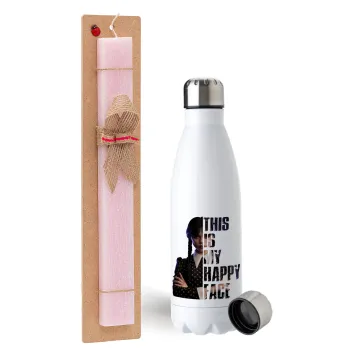 Wednesday, This is my happy face, Easter Set, metallic stainless steel water bottle (750ml) & scented flat Easter candle (30cm) (PINK)