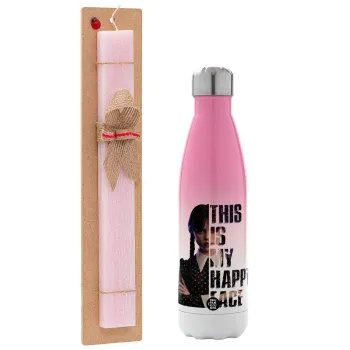 Wednesday, This is my happy face, Πασχαλινή Λαμπάδα με Μεταλλικό παγούρι θερμός Ροζ/Λευκό (Stainless steel), διπλού τοιχώματος, 500ml & κερί αρωματικό πλακέ (30cm) (ΡΟΖ)