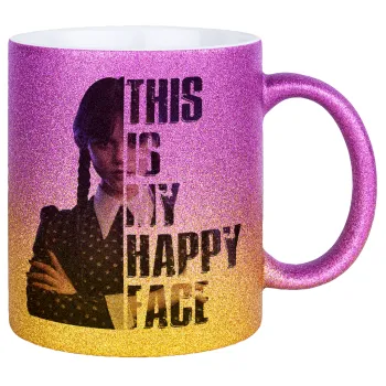 Wednesday, This is my happy face, Κούπα Χρυσή/Ροζ Glitter, κεραμική, 330ml
