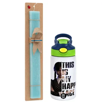 Wednesday, This is my happy face, Easter Set, Children's thermal stainless steel bottle with safety straw, green/blue (350ml) & aromatic flat Easter candle (30cm) (TURQUOISE)