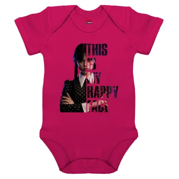 Wednesday, This is my happy face, Βρεφικό φορμάκι μωρού, 0-18 μηνών, ΡΟΖ, 100% Organic Cotton, κοντομάνικο