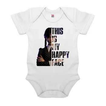 Wednesday, This is my happy face, Βρεφικό φορμάκι μωρού, 0-24 μηνών, ΛΕΥΚΟ, 100% Organic Cotton, κοντομάνικο
