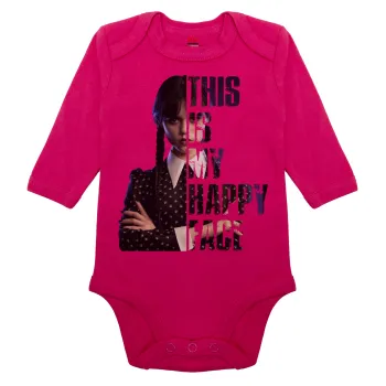 Wednesday, This is my happy face, Μακρυμάνικο βρεφικό φορμάκι, 0-18 μηνών, ΡΟΖ, 100% Organic Cotton