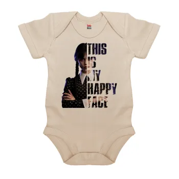 Wednesday, This is my happy face, Βρεφικό φορμάκι μωρού, 0-18 μηνών, Natural (Εκρού), 100% Organic Cotton, κοντομάνικο
