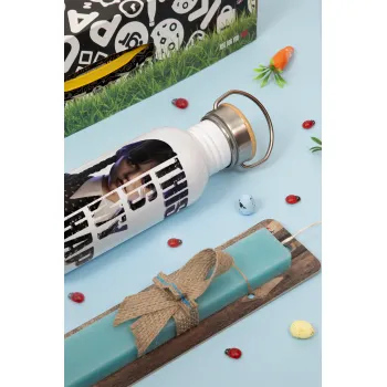 Wednesday, This is my happy face, Πασχαλινή Λαμπάδα με παγούρι μεταλλικό (620ml, stainless steel) & κερί αρωματικό πλακέ (30cm) (ΤΙΡΚΟΥΑΖ)