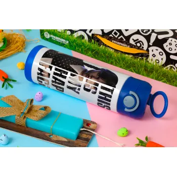 Wednesday, This is my happy face, Πασχαλινή Λαμπάδα με Παιδικό παγούρι θερμό, ανοξείδωτο, με καλαμάκι ασφαλείας, ΜΠΛΕ (500ml)