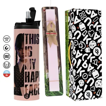 Wednesday, This is my happy face, Πασχαλινή Λαμπάδα με  ΡΟΖ Travel Tumbler θερμό (600ml, BPA free) & κερί αρωματικό πλακέ (30cm) (ΡΟΖ)