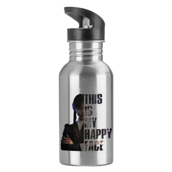 Wednesday, This is my happy face, Παγούρι νερού Ασημένιο με καλαμάκι, ανοξείδωτο ατσάλι 600ml