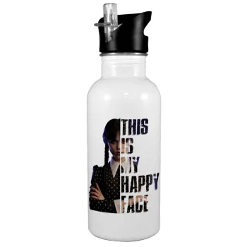 Wednesday, This is my happy face, White water bottle with straw, stainless steel 600ml