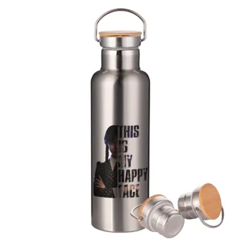Wednesday, This is my happy face, Stainless steel Silver with wooden lid (bamboo), double wall, 750ml