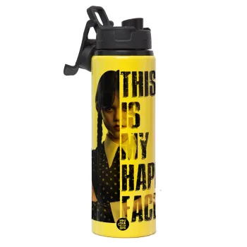 Wednesday, This is my happy face, Μεταλλικό παγούρι νερού με καπάκι ασφαλείας, αλουμινίου 850ml