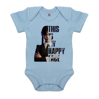 Wednesday, This is my happy face, Βρεφικό φορμάκι μωρού, 0-18 μηνών, Μπλε, 100% Organic Cotton, κοντομάνικο