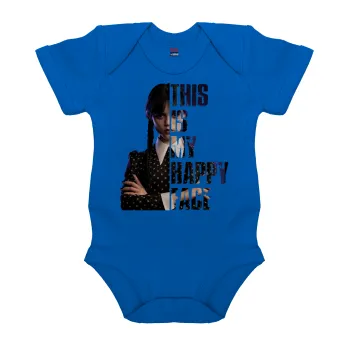 Wednesday, This is my happy face, Βρεφικό φορμάκι μωρού, Μπλε Κοβαλτίου, 100% Organic Cotton, κοντομάνικο