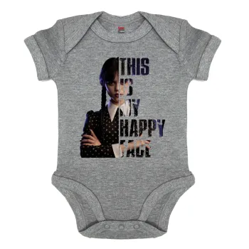 Wednesday, This is my happy face, Βρεφικό φορμάκι μωρού, 0-18 μηνών, ΓΚΡΙ ΜΕΛΑΝΖΕ, 100% Organic Cotton, κοντομάνικο