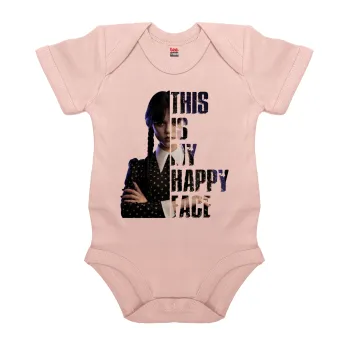 Wednesday, This is my happy face, Βρεφικό φορμάκι μωρού, 0-18 μηνών, ΡΟΖ POWDER, 100% Organic Cotton, κοντομάνικο