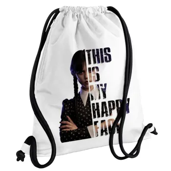 Wednesday, This is my happy face, Τσάντα πλάτης πουγκί GYMBAG λευκή, με τσέπη (40x48cm) & χονδρά κορδόνια