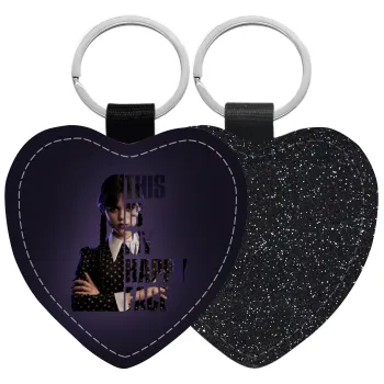 Wednesday, This is my happy face, Μπρελόκ PU δερμάτινο glitter καρδιά ΜΑΥΡΟ