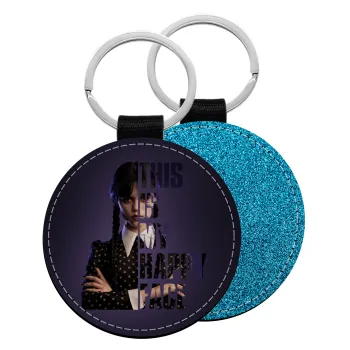 Wednesday, This is my happy face, Μπρελόκ Δερματίνη, στρογγυλό ΜΠΛΕ (5cm)