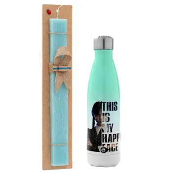 Wednesday, This is my happy face, Easter Set, Metallic green/white thermos (Stainless steel), double-walled, 500ml & scented flat Easter candle (30cm) (TURQUOISE)