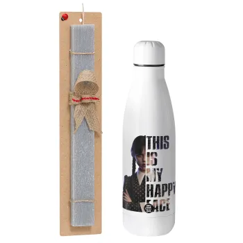 Wednesday, This is my happy face, Easter Set, metallic stainless thermos bottle (500ml) & scented flat Easter candle (30cm) (GRAY)
