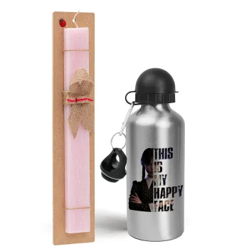 Wednesday, This is my happy face, Easter Set, metallic Silver aluminum water bottle (500ml) & scented flat Easter candle (30cm) (PINK)