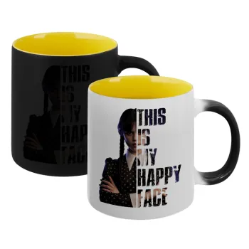 Wednesday, This is my happy face, Κούπα Μαγική εσωτερικό κίτρινη, κεραμική 330ml που αλλάζει χρώμα με το ζεστό ρόφημα