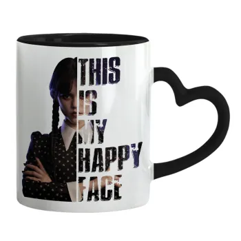 Wednesday, This is my happy face, Mug heart black handle, ceramic, 330ml