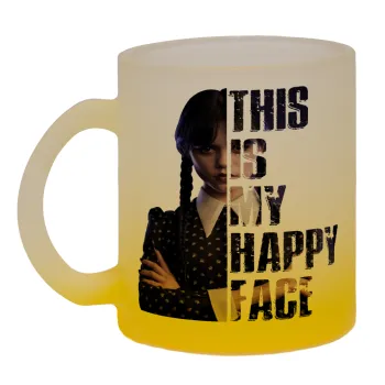 Wednesday, This is my happy face, Κούπα γυάλινη δίχρωμη με βάση το κίτρινο ματ, 330ml