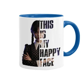 Wednesday, This is my happy face, Κούπα χρωματιστή μπλε, κεραμική, 330ml