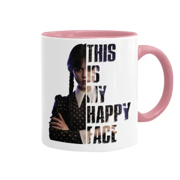 Wednesday, This is my happy face, Mug colored pink, ceramic, 330ml