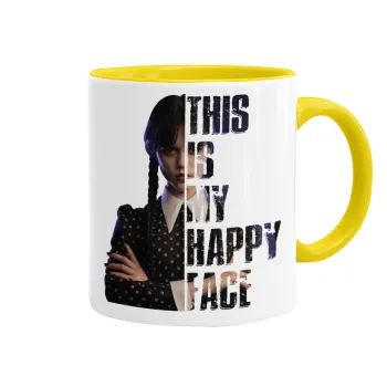 Wednesday, This is my happy face, Κούπα χρωματιστή κίτρινη, κεραμική, 330ml