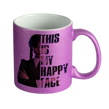 Wednesday, This is my happy face, Κούπα Μωβ Glitter που γυαλίζει, κεραμική, 330ml