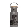 Stainless steel metallic thermos flask, silver with a bamboo lid, double-walled, 350ml.