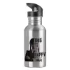 Water bottle Silver with straw, stainless steel 600ml
