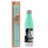 Easter Set, Metallic green/white thermos (Stainless steel), double-walled, 500ml & scented flat Easter candle (30cm) (TURQUOISE)