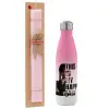 Easter Set, Metallic pink/white (Stainless steel) thermos, double-walled, 500ml & aromatic flat Easter candle (30cm) (PINK)