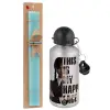 Easter Set, metallic silver aluminum water bottle (500ml) & scented flat Easter candle (30cm) (TURQUOISE)